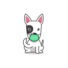 Cartoon character bull terrier dog wearing protective face mask for design.