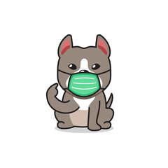 Cartoon character pitbull terrier dog wearing protective face mask for design.