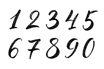 Vector set of calligraphic hand written numbers. Design elements, brush lettering. - obrazy, fototapety, plakaty