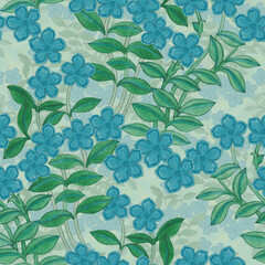 Seamless floral pattern for design. Watercolor ornament of bright blue flowers and green leaves. Ornament for print, wallpaper and textile.