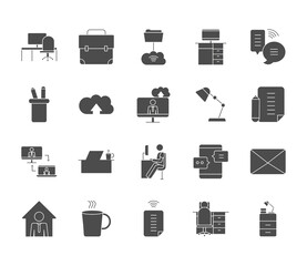 coffee mug, work and technology icon set, silhouette style
