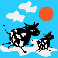 Funny Cows in milky sky. Flat vector illustration for milk products and sellers, nice and bright cover or label image, kids games design elements