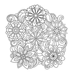 Abstract fantasy flowers and simple doodle pattern on white isolated background. For coloring book pages.