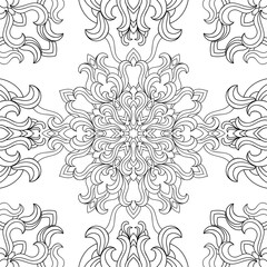 Abstract floral mandala with vintage and wavy elements on white background. Seamless decorative pattern. Suitable for coloring book pages.