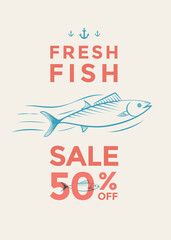 Fresh Fish sale poster design template. Vector