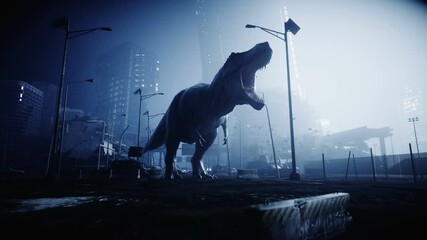 terrible dinosaur trex in the night destroyed city. Apocalypse concept. Realistic 4K animation. - Powered by Adobe