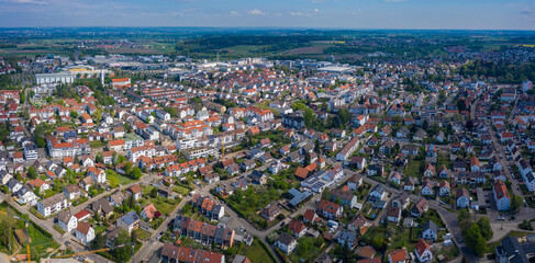 Aerial view of the city Senden in Germany, Bavaria on a sunny spring day during the coronavirus...