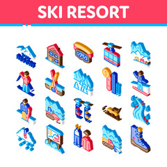 Ski Resort Vacation Icons Set Vector. Isometric Ski Snow Track And Shoe, Protective Glasses And Sled, Chairlift Cableway And Cabin Illustrations