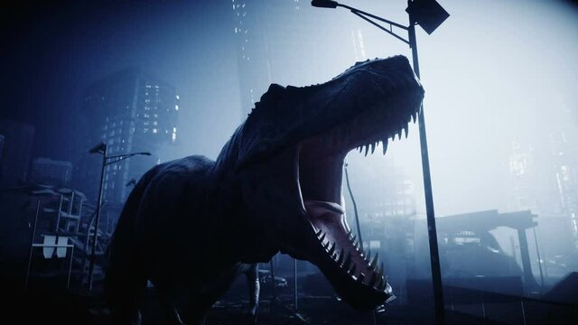 terrible dinosaur trex in the night destroyed city. Apocalypse concept. Realistic 4K animation.