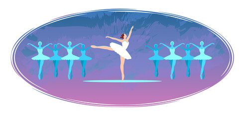 Ballet postcard, Flat cartoon vector illustration. Ballerinas in dance on stage greeting card. Cartoon stylized swan lake, blue poster Isolated cover. Horizontal white background