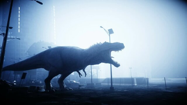 terrible dinosaur trex in the night destroyed city. Apocalypse concept. Realistic 4K animation.