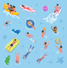 Summer vacation vector, pool activities summertime holidays. Friends sitting in banana boat, lady laying in surfboard. People playing volleyball games, inflatable crocodile and mattress. Swimming man