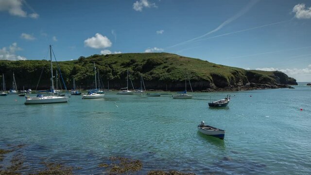 Timelapse video of fishing boats in tidal water, Solva, Pembrokeshire, Wales