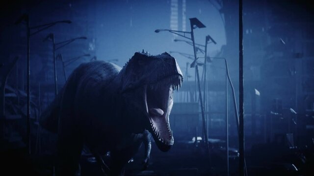 terrible dinosaur trex in the night destroyed city. Apocalypse concept. Realistic 4K animation.