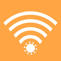 Wifi Signals and Covid-19 conspiracy. Vector Icon design of coronavirus 5g zone concept on orange background. Conspiracy theorists attacked 5G cell towers to save from coronavirus. Virus and Internet.