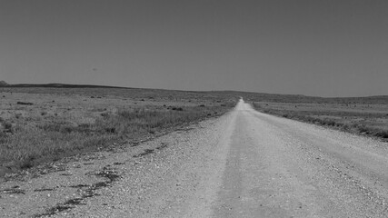 Fototapeta premium Lonely dirt road on a harsh flat prairie landscape