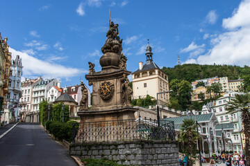 Fototapeta na wymiar View on center of Karlovy Vary, Plague Column and castle of Charles IV