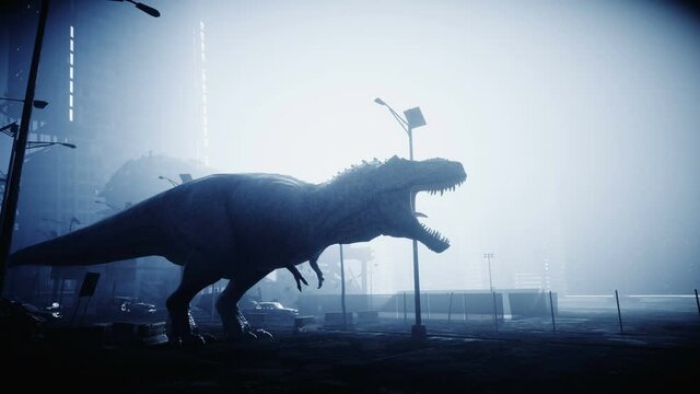 terrible dinosaur trex in the night destroyed city. Apocalypse concept. Realistic 4K animation.