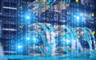 Binary code matrix digital internet technology concept on server room background.