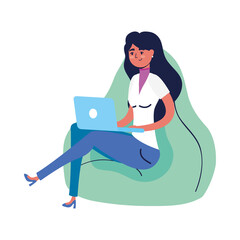 Woman with laptop on puf vector design