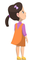 Schoolgirl standing alone and smiling. Brunette girl dressed in orange dress and violet shirt. Happy kid isolated on white. Back to school concept. Flat cartoon vector illustration, back view