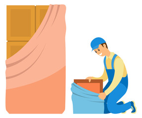 Obraz premium Repairman installing door or locker, furniture banners. Smiling workman in uniform, repair indoor, wooden cupboard, brown entry, home decor vector