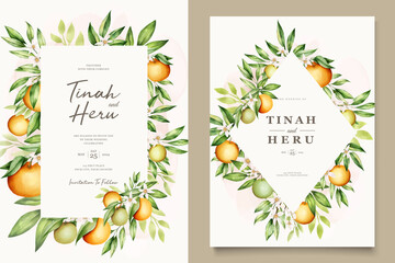 Botanical watercolor orange fruits wedding invitation card template