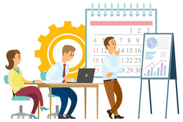Man and woman consulting, people brainstorming, calendar and growth graph icon. Worker communication with laptop, professional development vector