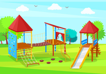 Colorful children playground with swings, slide teeters, wooden bridge and sandbox. Amusement park rides. Place for kids to play vector illustration