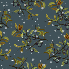 Seamless floral pattern with branches of blackthorn plant with leaves and fruits under snowflakes. Prunus Spinosa. Seasonal decor. - obrazy, fototapety, plakaty