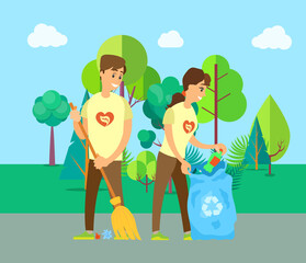 Man and woman volunteers sweeping road, cleaning trash and bottle, people holding broom and bag with litter, smiling workers near trees, eco vector