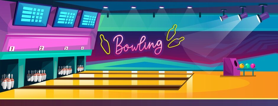 Empty bowling center or club with awesome interior design in cartoon style. Bowling competition banner with alleys, pins and balls.
