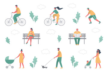 Summer people activities in park. Men and women are resting: ride a bicycle, roller skate, walk with a stroller, read a newspaper,  drink coffee, walk a dog. Healthy lifestyle concept. Flat style