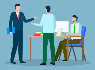 People cooperating and discussing strategy on workplace. Worker wearing headset sitting at desktop and communicating with computer. Professional teamwork and brainstorming with documents vector