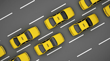 rows of yellow taxi cars top view
