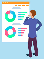 Male analyzing financial graphs and charts on online screen. Vector business education concept, guy and investment trades, solution to rich benefit