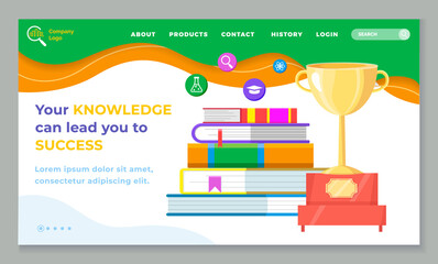 Knowledge can lead you to success, books with trophy. Cup made of gold for winner, prize for achievements clever and intellectual person. Website or webpage template, landing page vector in flat style