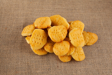 Homemade concoction, cooking. Delicious gluten-free cookies lie  on burlap.  Close-up, copy space