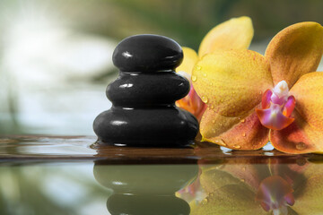 Fototapeta na wymiar Black zen stones and yellow orchid on a wooden plank on the surface of the water. SPA, relaxation, meditation concept