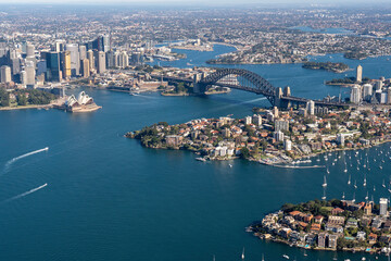 Naklejka premium Sydney, NSW / Australia - June 21st 2019: Aerial view of Sydney Harbour from helicopter on a beautiful winters day