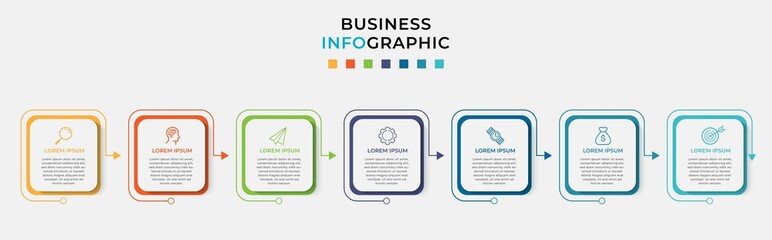 Fototapeta na wymiar Business Infographic design template Vector with icons and 7 seven options or steps. Can be used for process diagram, presentations, workflow layout, banner, flow chart, info graph