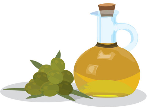 recommend clip art: Delicious olive oil, green olives with leaves isolated on a white background