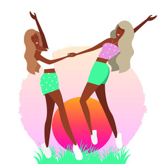 Young beautiful girls girlfriends friends rejoice summer at sunset in nature