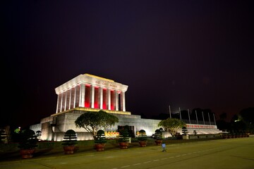 HANOI, VIETNAM - JANUARY 9, 2016: Ho Chi Minh Mausoleum on the Ba Dinh Square with Dark sky in Hanoi, Vietnam