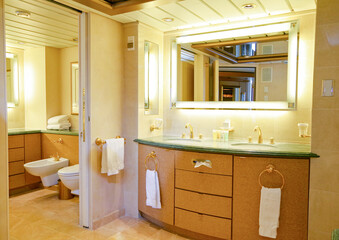 Spacious and luxurious classy bathroom of Suite category stateroom or cabin with marble on modern...