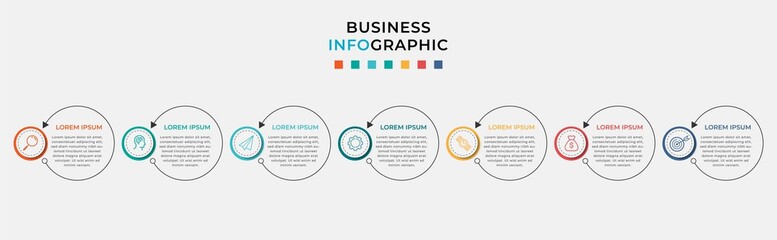 Business Infographic design template Vector with icons and 7 seven options or steps. Can be used for process diagram, presentations, workflow layout, banner, flow chart, info graph