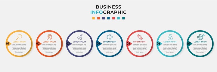 Business Infographic design template Vector with icons and 7 seven options or steps. Can be used for process diagram, presentations, workflow layout, banner, flow chart, info graph
