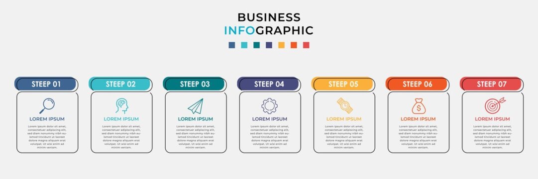 Business Infographic design template Vector with icons and 7 seven options or steps. Can be used for process diagram, presentations, workflow layout, banner, flow chart, info graph
