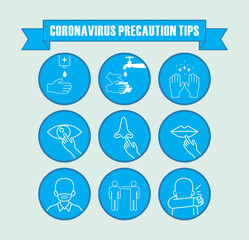 Coronavirus Precaution Tips. Vector line art illustration set