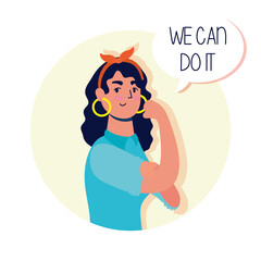 young woman strong with we can do it message in speech bubble